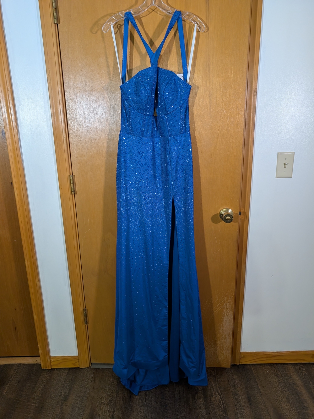 Jovani Royal Blue Beaded Prom Gown with Strappy Back